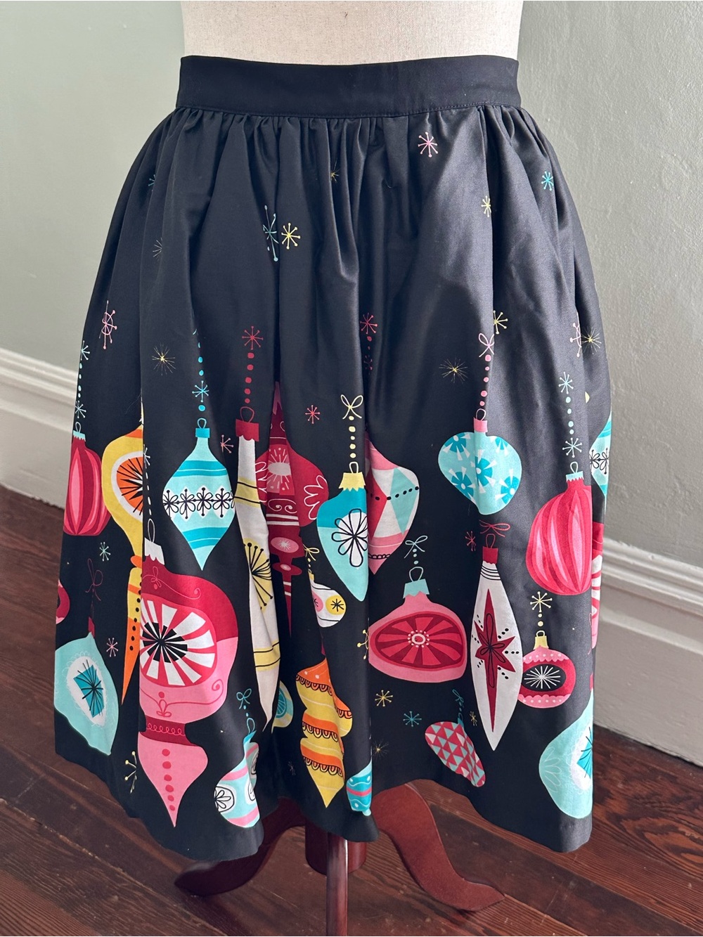 Pinup Couture Black Holiday Skirt with Bright Ornament Print